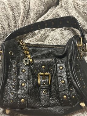 Black Betsey Johnson Studded Leather Shoulder Bag with Brass Accents